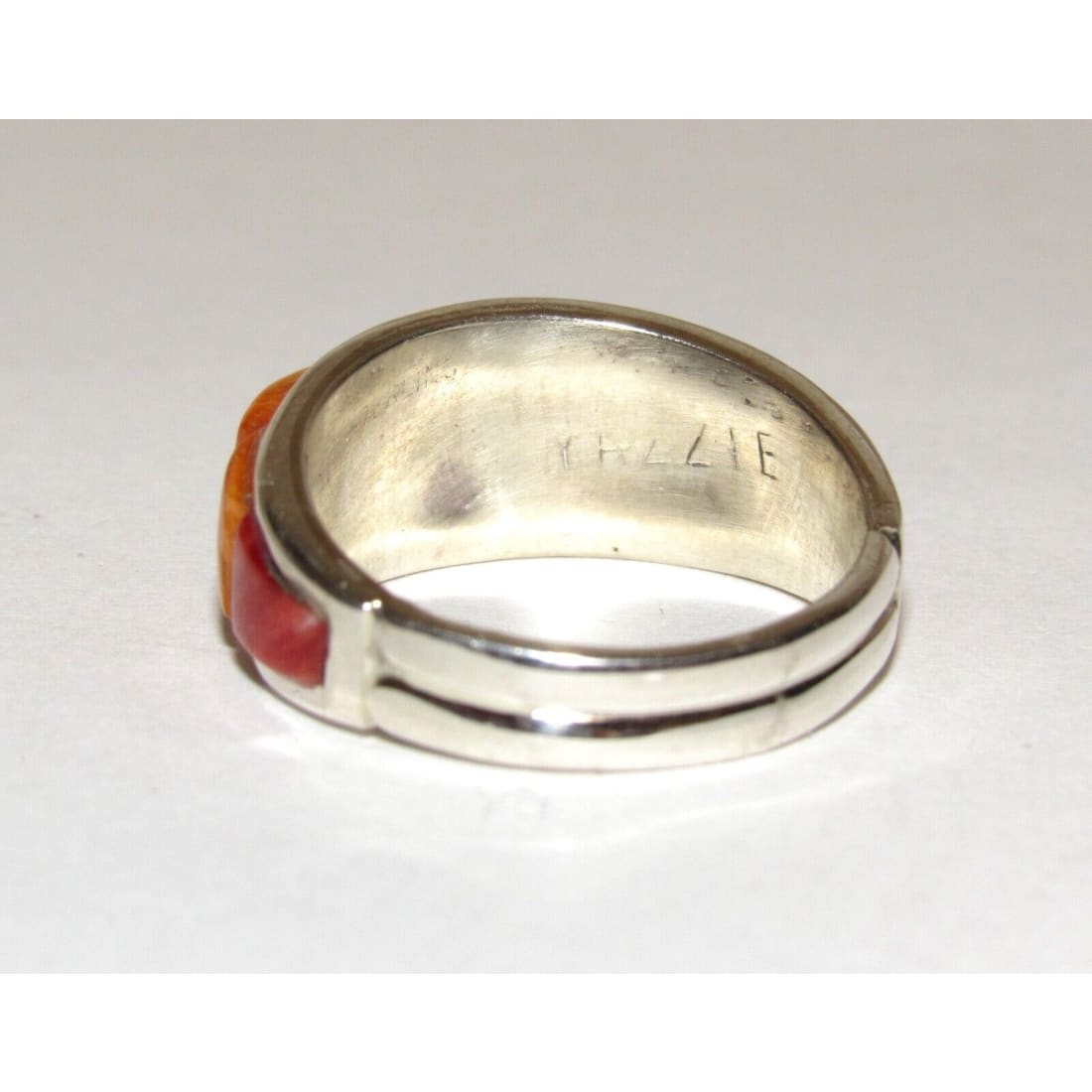 Navajo Red & Orange Spiny Cobble Inlay Ring Sz 7.5 Sterling