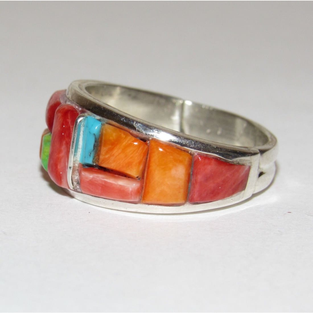 Navajo Red & Orange Spiny Cobble Inlay Ring Sz 7.5 Sterling