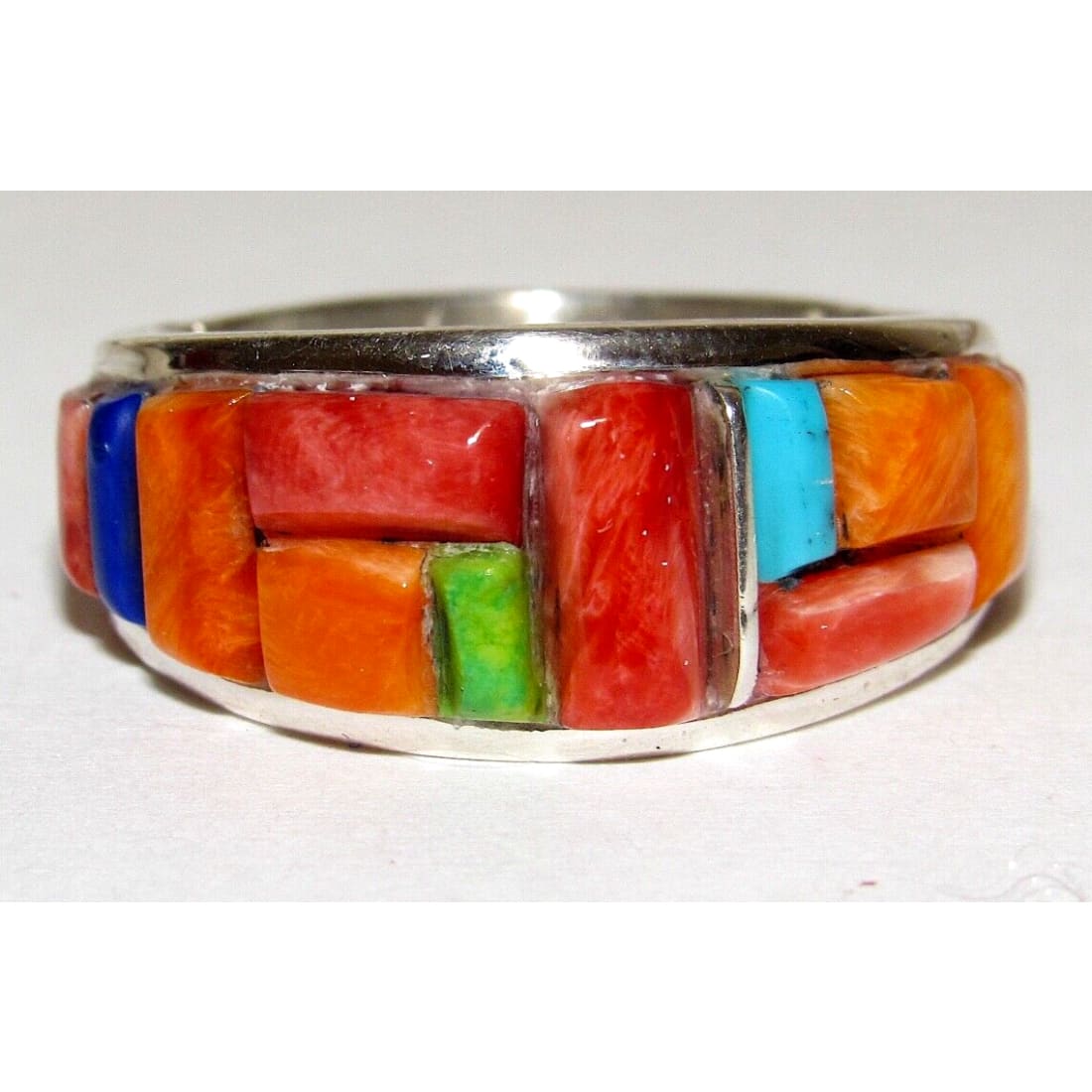 Navajo Red & Orange Spiny Cobble Inlay Ring Sz 7.5 Sterling