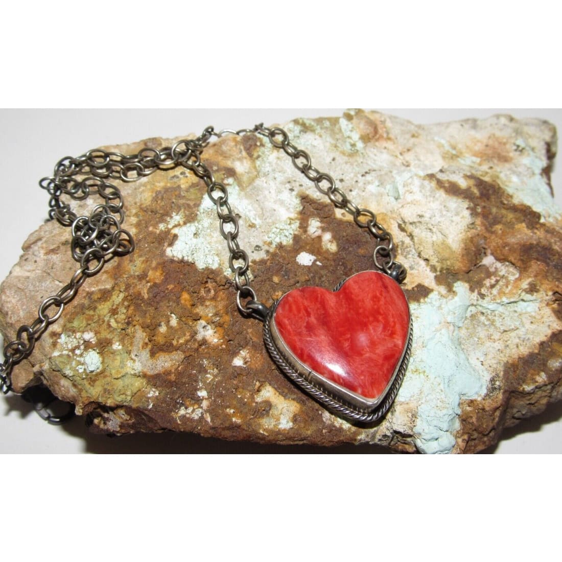 Navajo Red Orange Spiny Heart Bar Necklace Sterling Silver