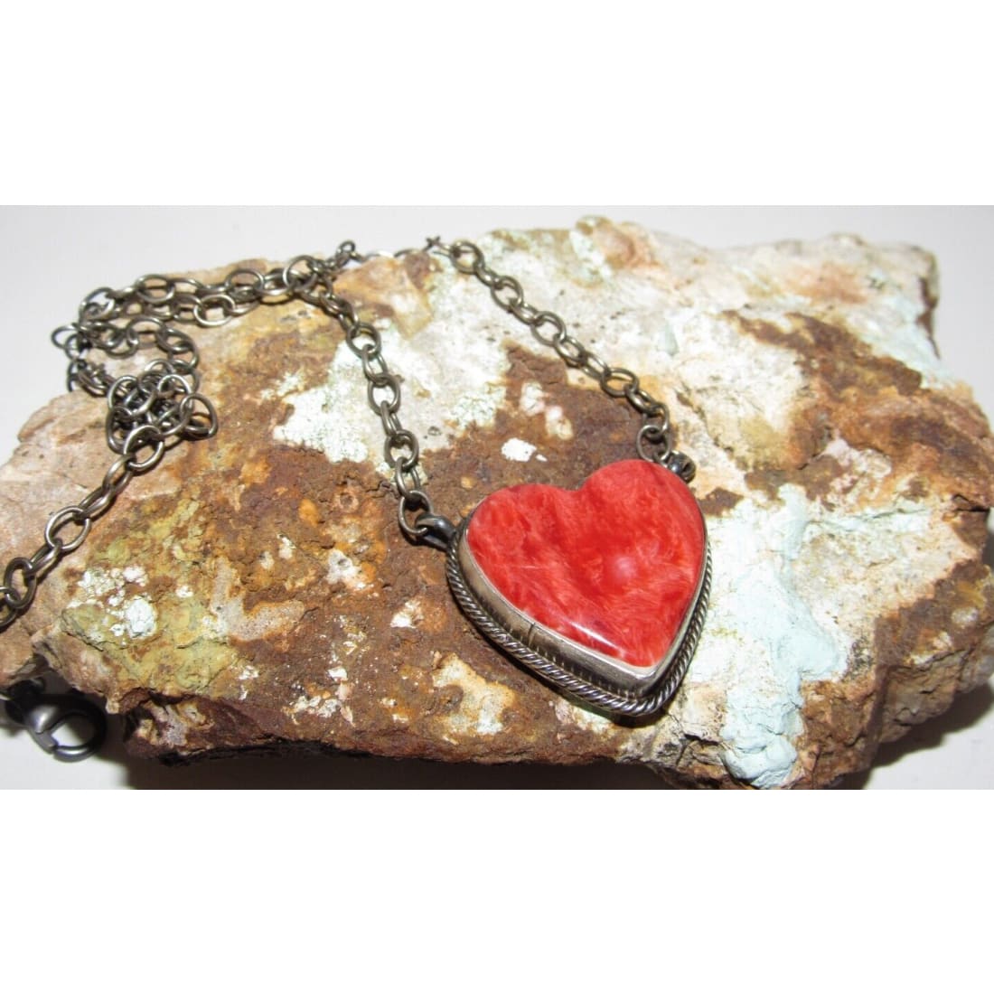 Navajo Red Orange Spiny Heart Bar Necklace Sterling Silver