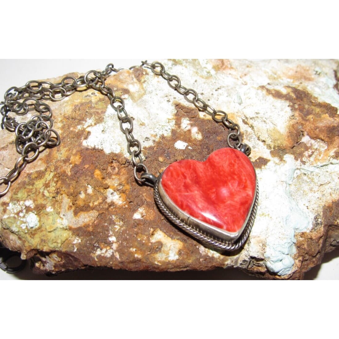 Navajo Red Orange Spiny Heart Bar Necklace Sterling Silver