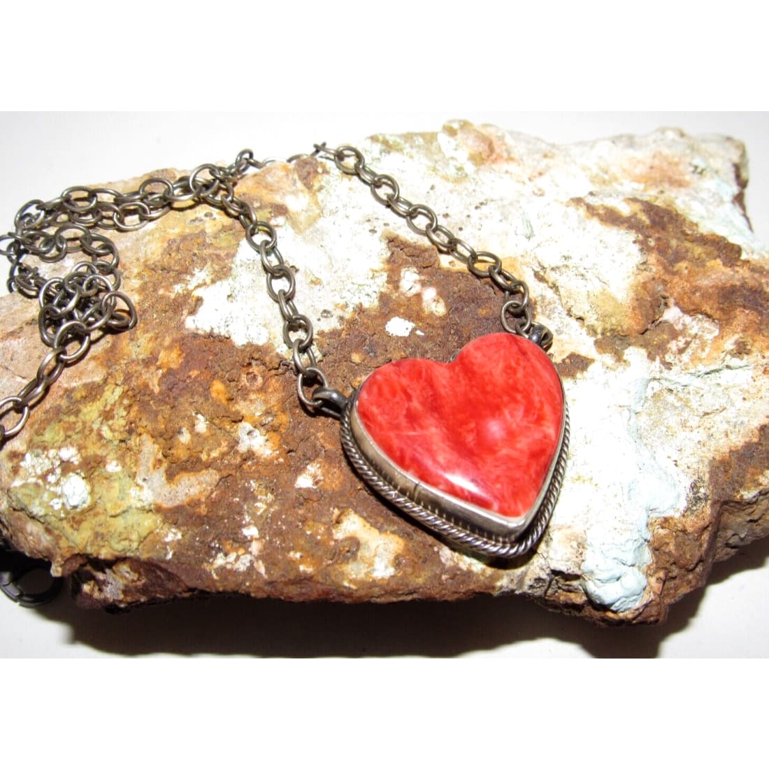 Navajo Red Orange Spiny Heart Bar Necklace Sterling Silver