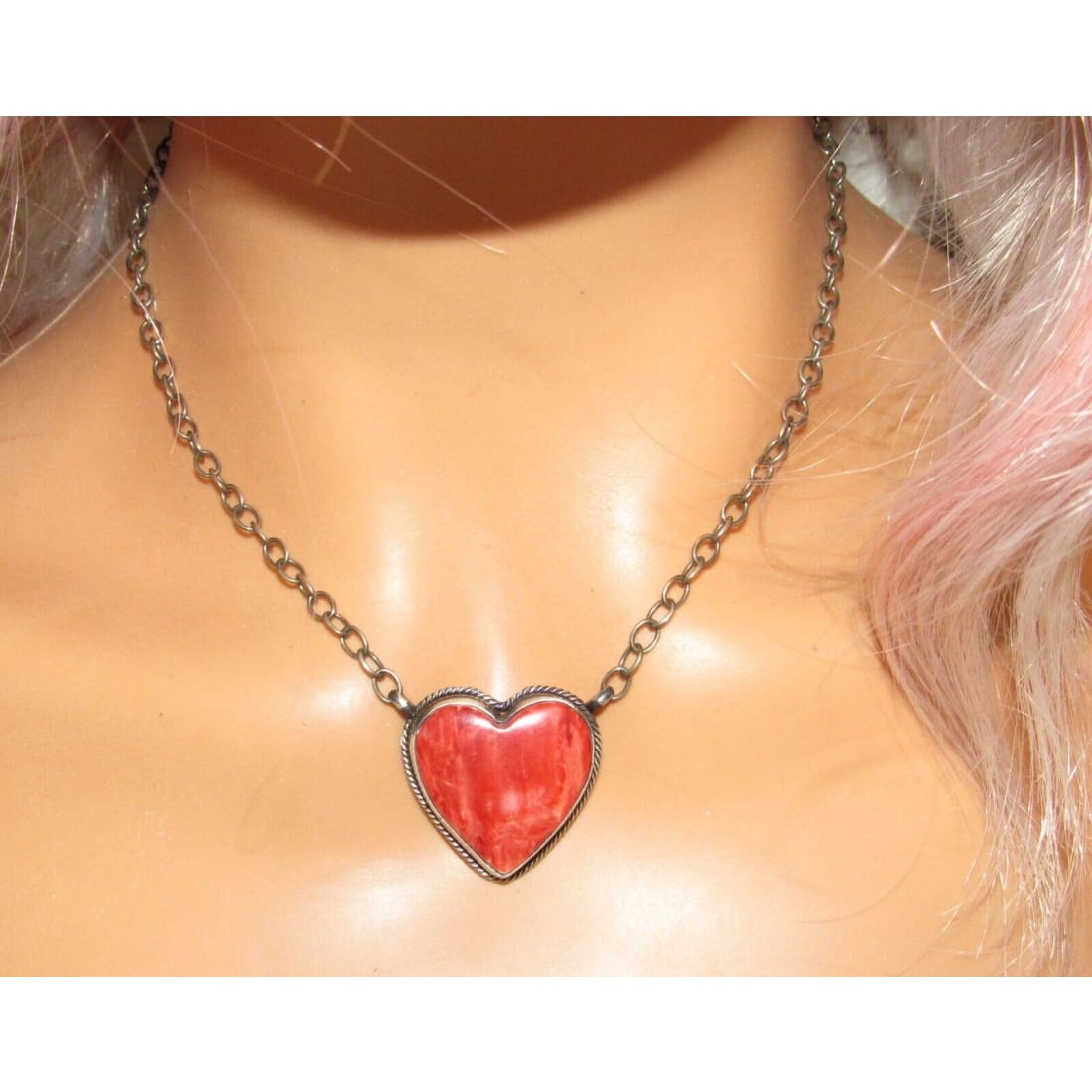 Navajo Red Orange Spiny Heart Bar Necklace Sterling Silver