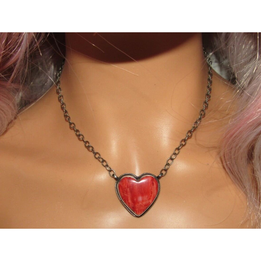 Navajo Red Orange Spiny Heart Bar Necklace Sterling Silver