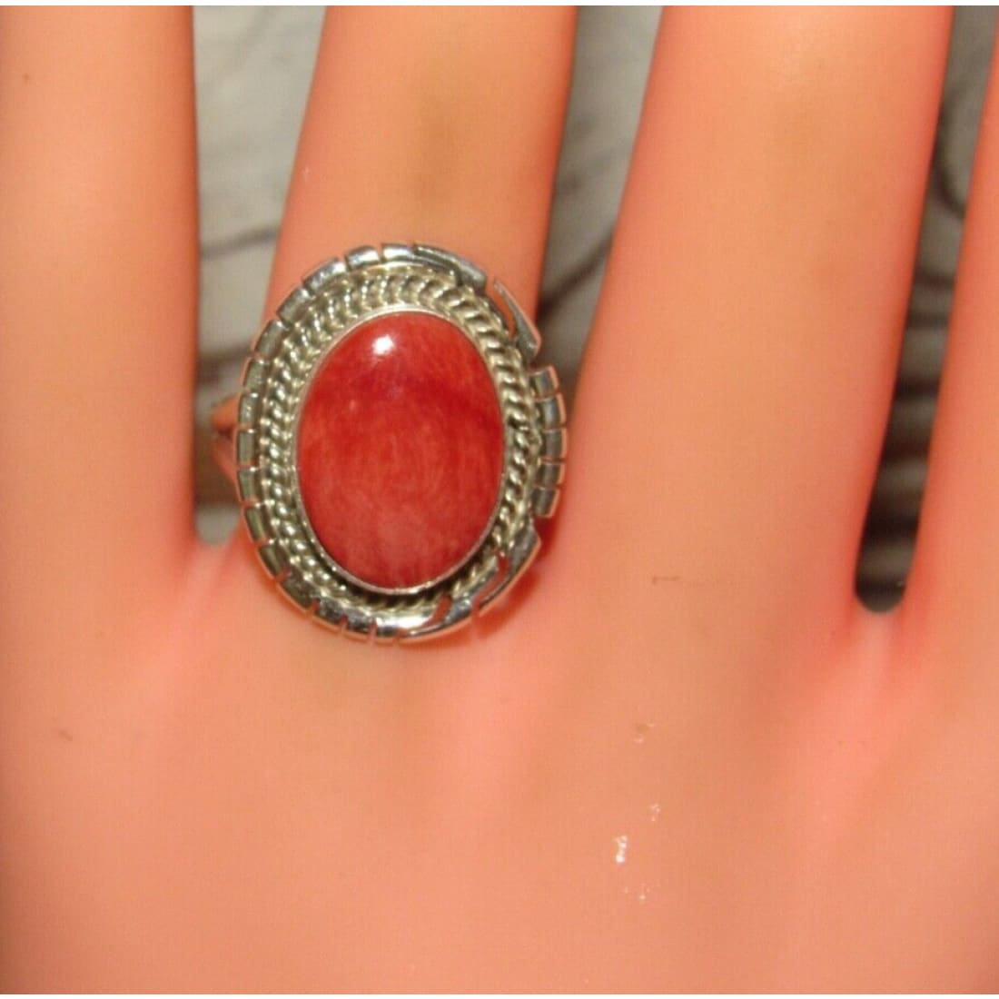 Navajo Red Spiny Ring Size 7.5 Sterling Silver Native