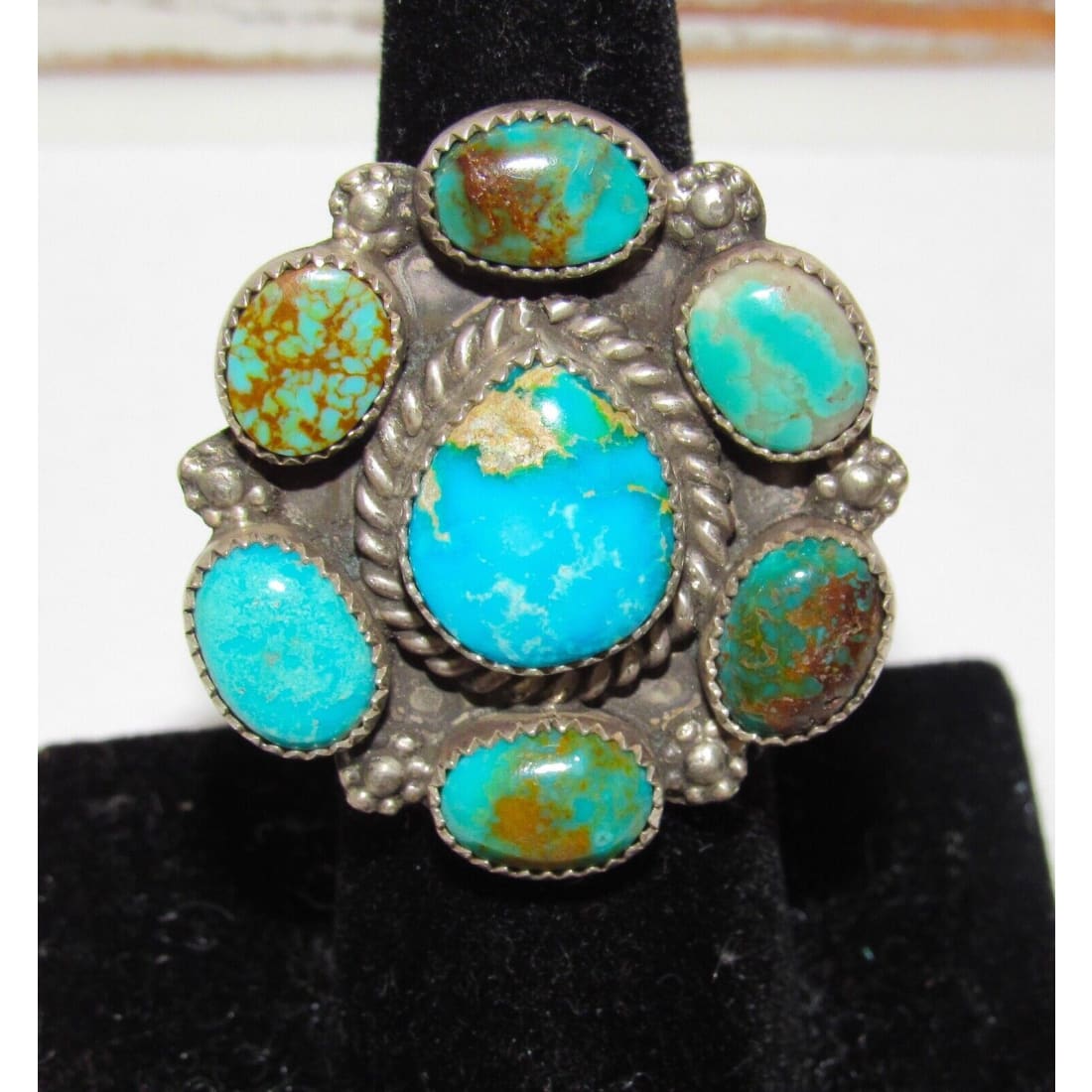 Navajo Royston & Kingman Turquoise Cluster Ring Sz 6