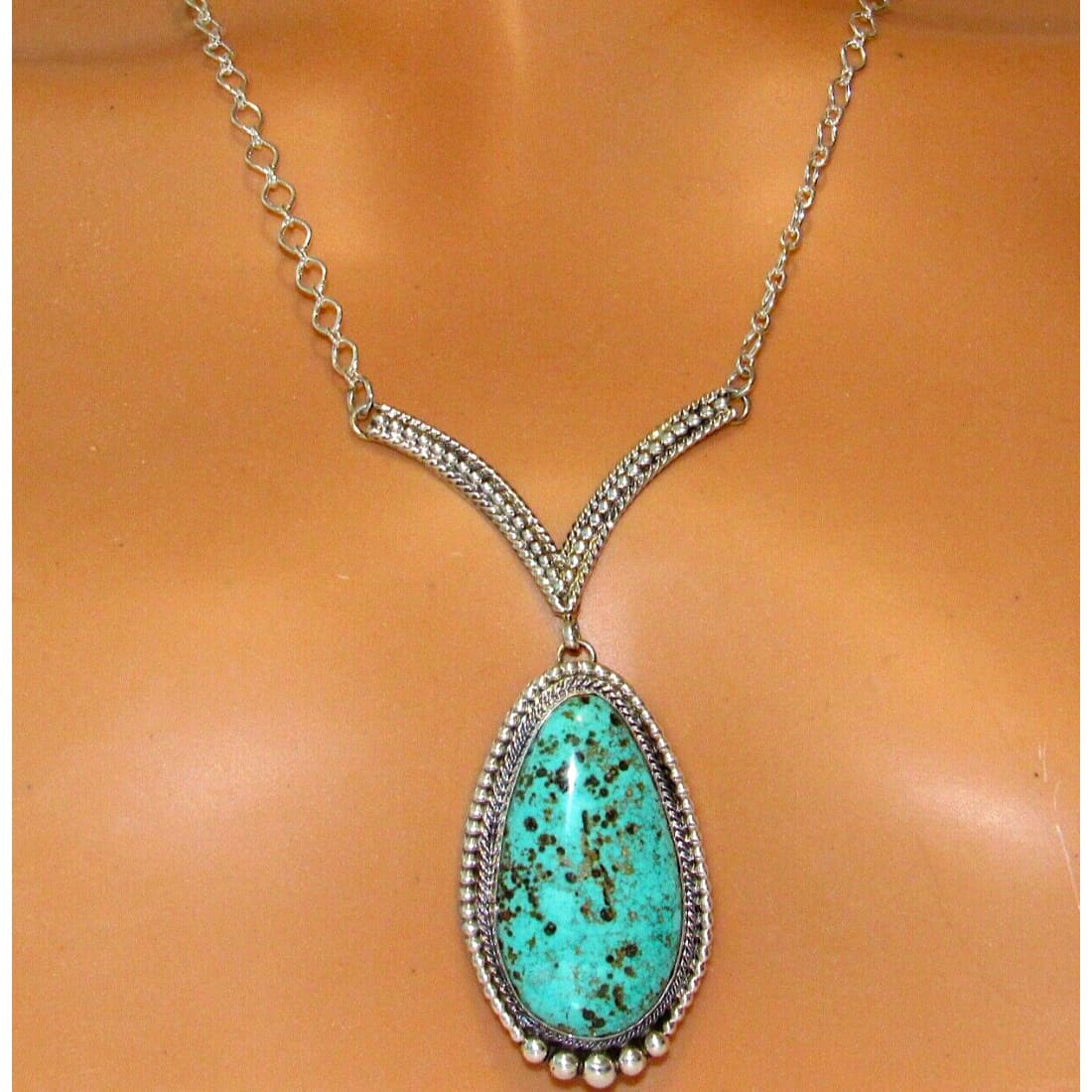Navajo Royston Turquoise Bar Drop Necklace Sterling Silver