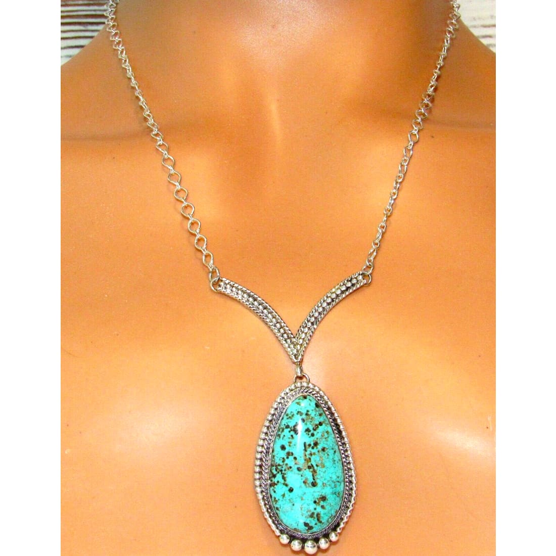 Navajo Royston Turquoise Bar Drop Necklace Sterling Silver
