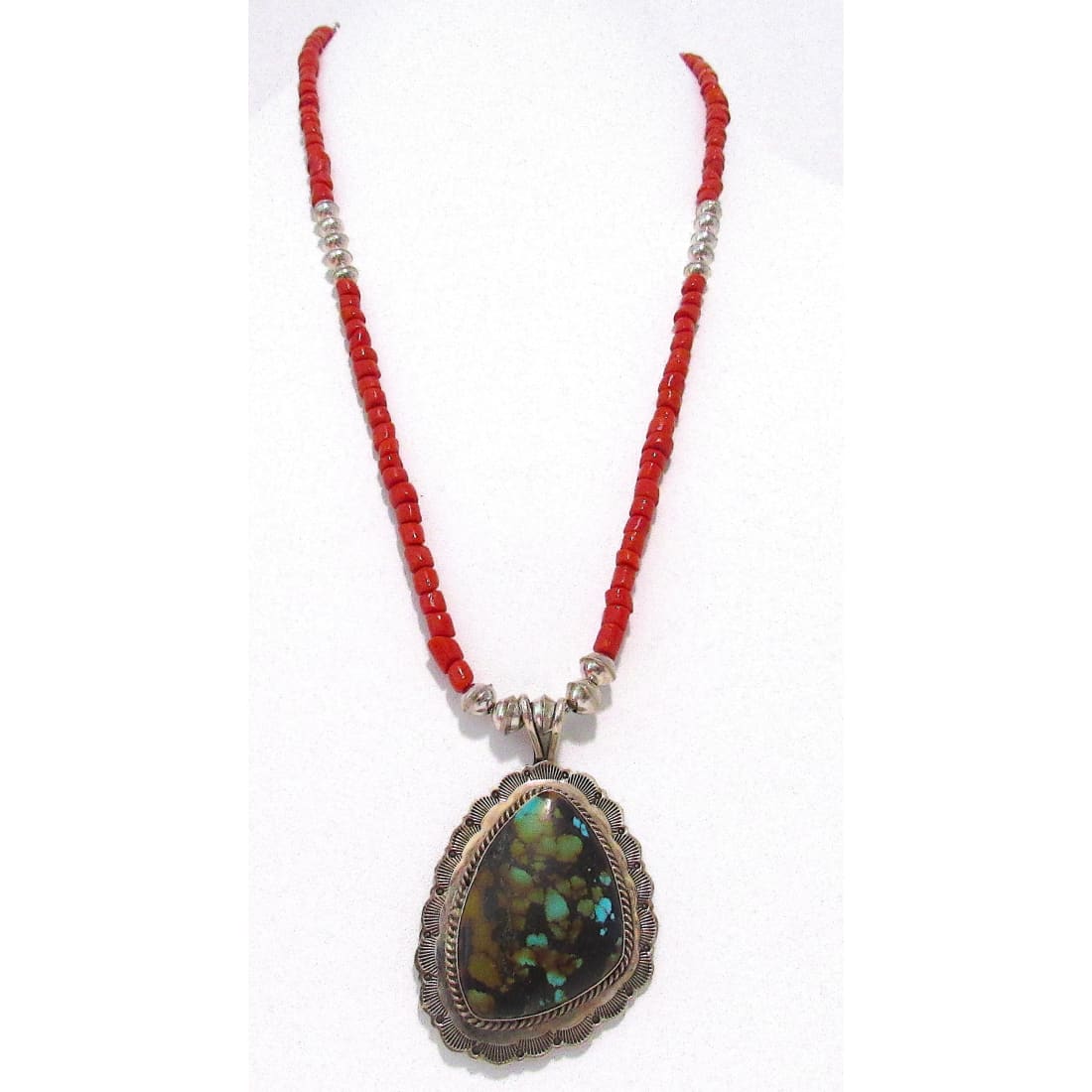Navajo Royston Turquoise & Coral Necklace by Fred Peters