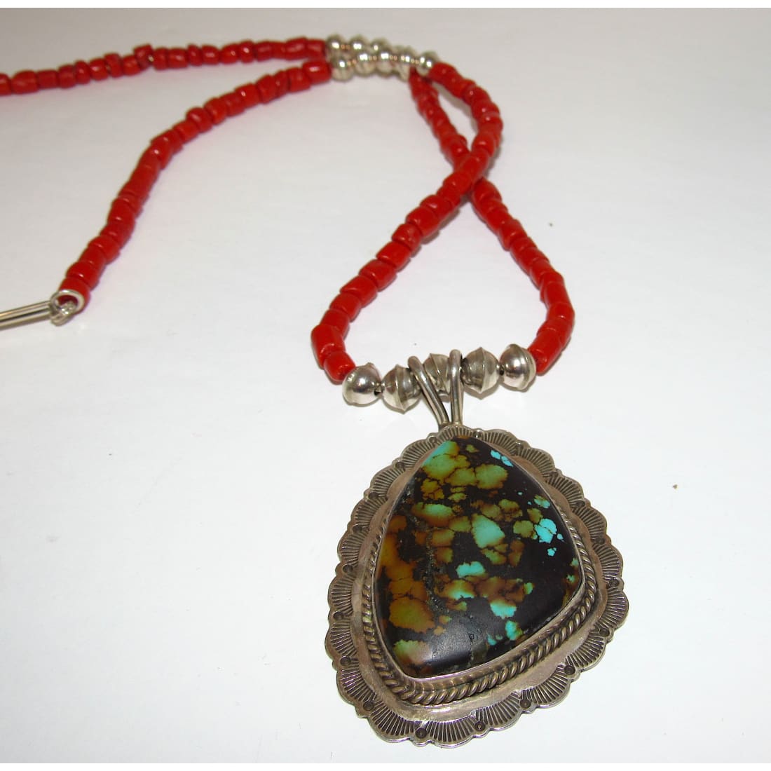 Navajo Royston Turquoise & Coral Necklace by Fred Peters
