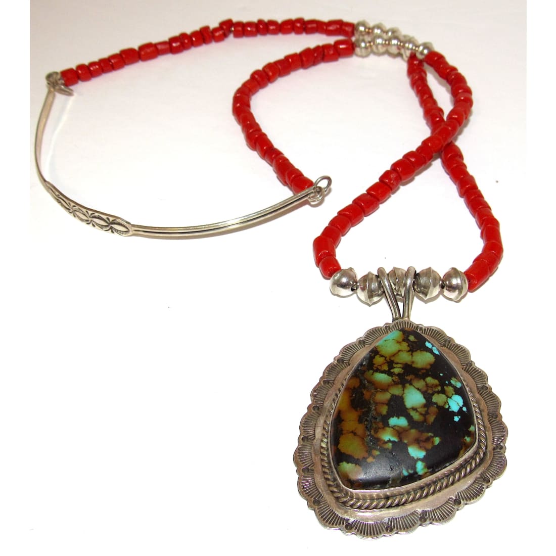 Navajo Royston Turquoise & Coral Necklace by Fred Peters