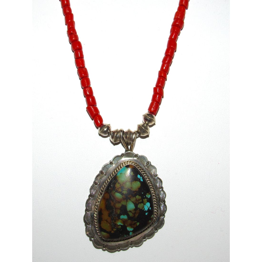Navajo Royston Turquoise & Coral Necklace by Fred Peters