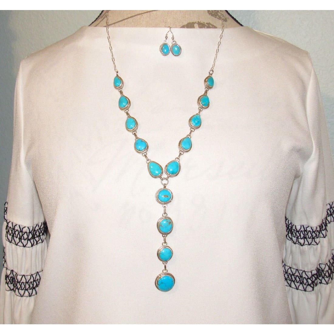 Navajo Royston Turquoise Lariat Necklace Earrings Set