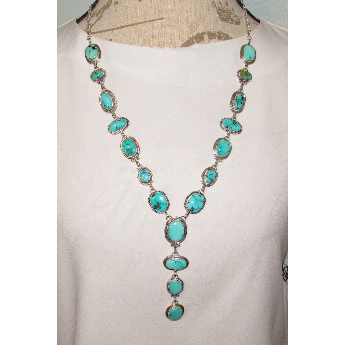 Navajo Royston Turquoise Lariat Necklace Sterling Silver K.