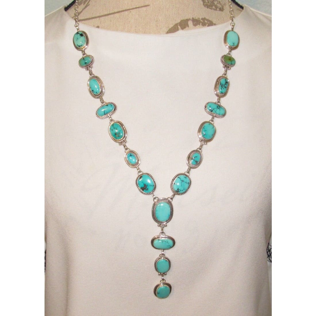 Navajo Royston Turquoise Lariat Necklace Sterling Silver K.