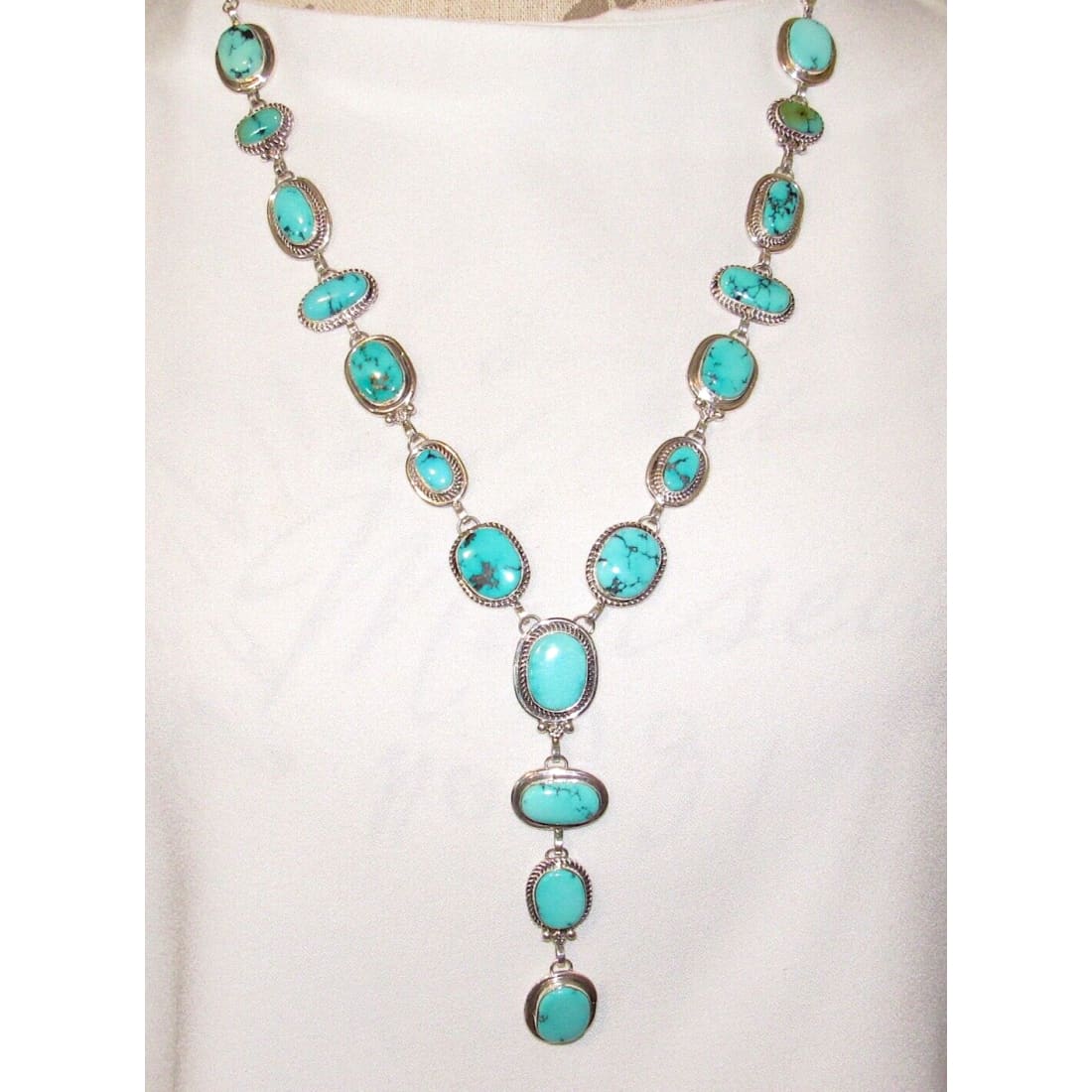 Navajo Royston Turquoise Lariat Necklace Sterling Silver K.