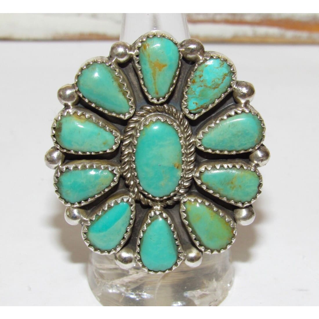 Navajo Royston Turquoise Statement Cluster Ring Sz 7.5