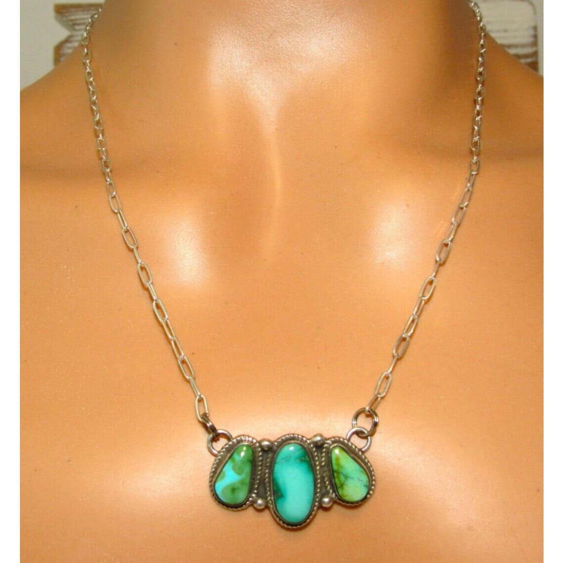 Navajo Sonoran Gold Turquoise Cluster Bar Necklace Sterling