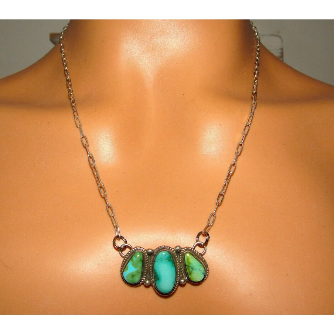 Navajo Sonoran Gold Turquoise Cluster Bar Necklace Sterling