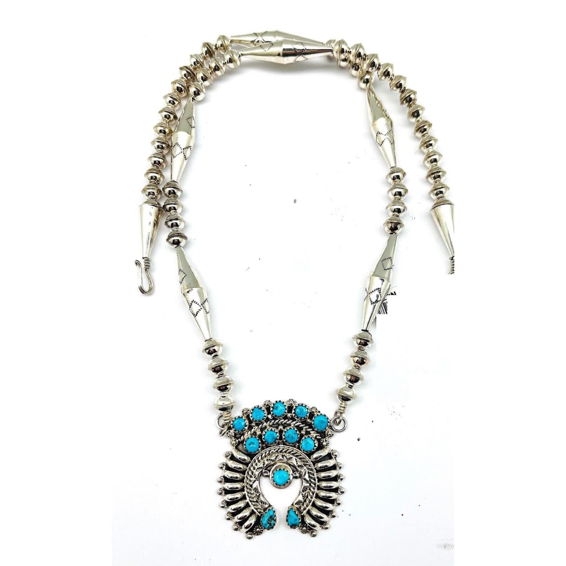 Navajo Squash Blossom Necklace Sterling Kingman Turquoise