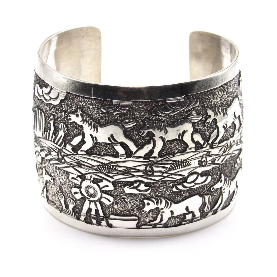 Massive Navajo Sterling Silver Horses Storyteller Cuff