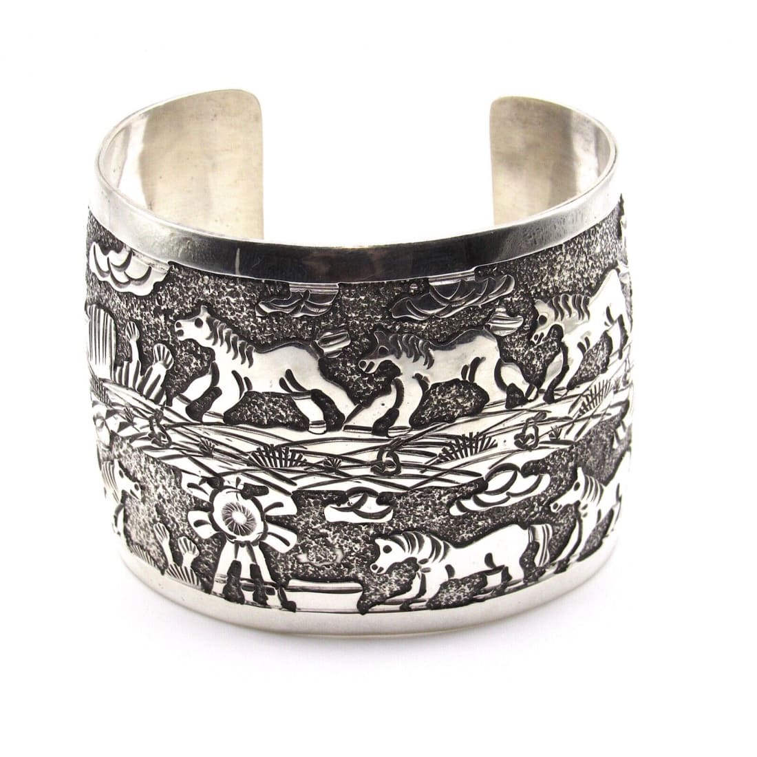 Massive Navajo Sterling Silver Horses Storyteller Cuff