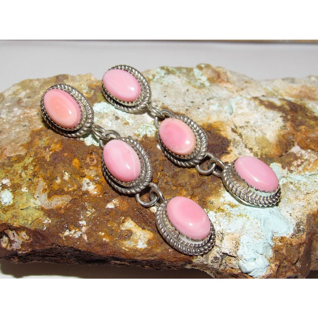 Navajo Sterling Silver Pink Conch Shell Dangle Earrings
