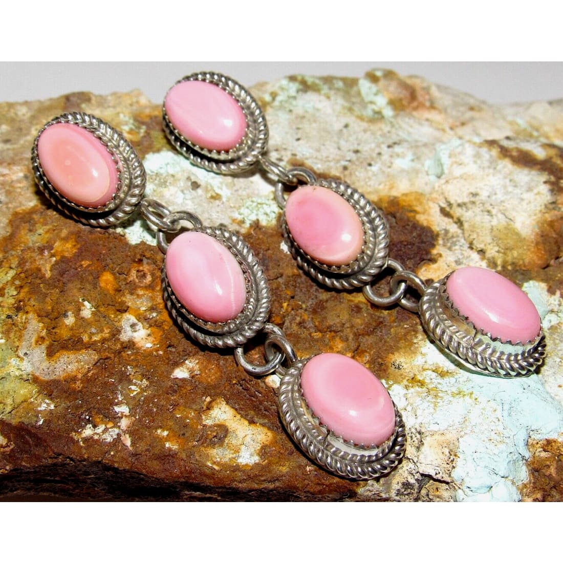 Navajo Sterling Silver Pink Conch Shell Dangle Earrings