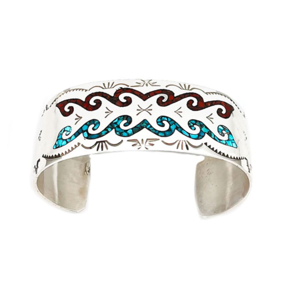 Navajo Sterling Silver Turquoise Coral Chip Inlay Statement