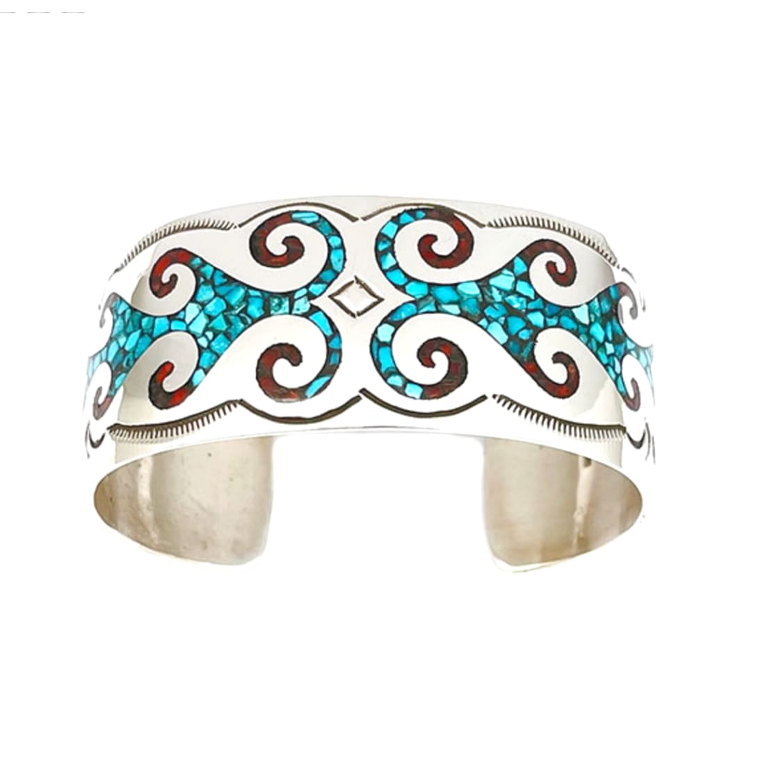 Navajo Sterling Silver Turquoise Coral Chip Inlay Statement