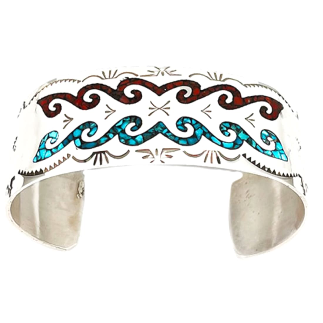 Navajo Sterling Silver Turquoise Coral Chip Inlay Statement