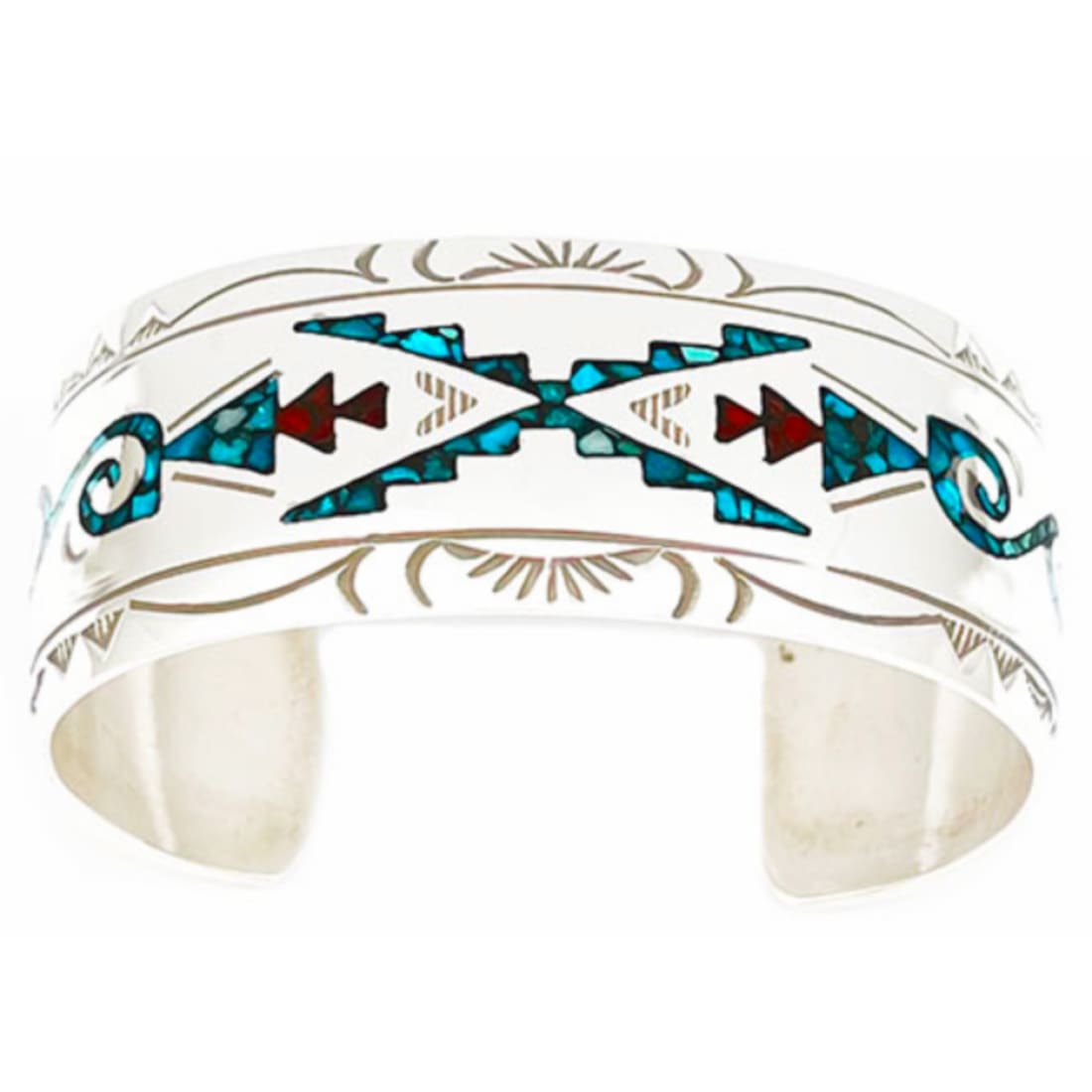 Navajo Sterling Silver Turquoise Coral Chip Inlay Statement