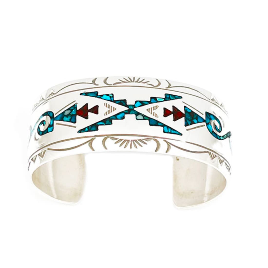 Navajo Sterling Silver Turquoise Coral Chip Inlay Statement