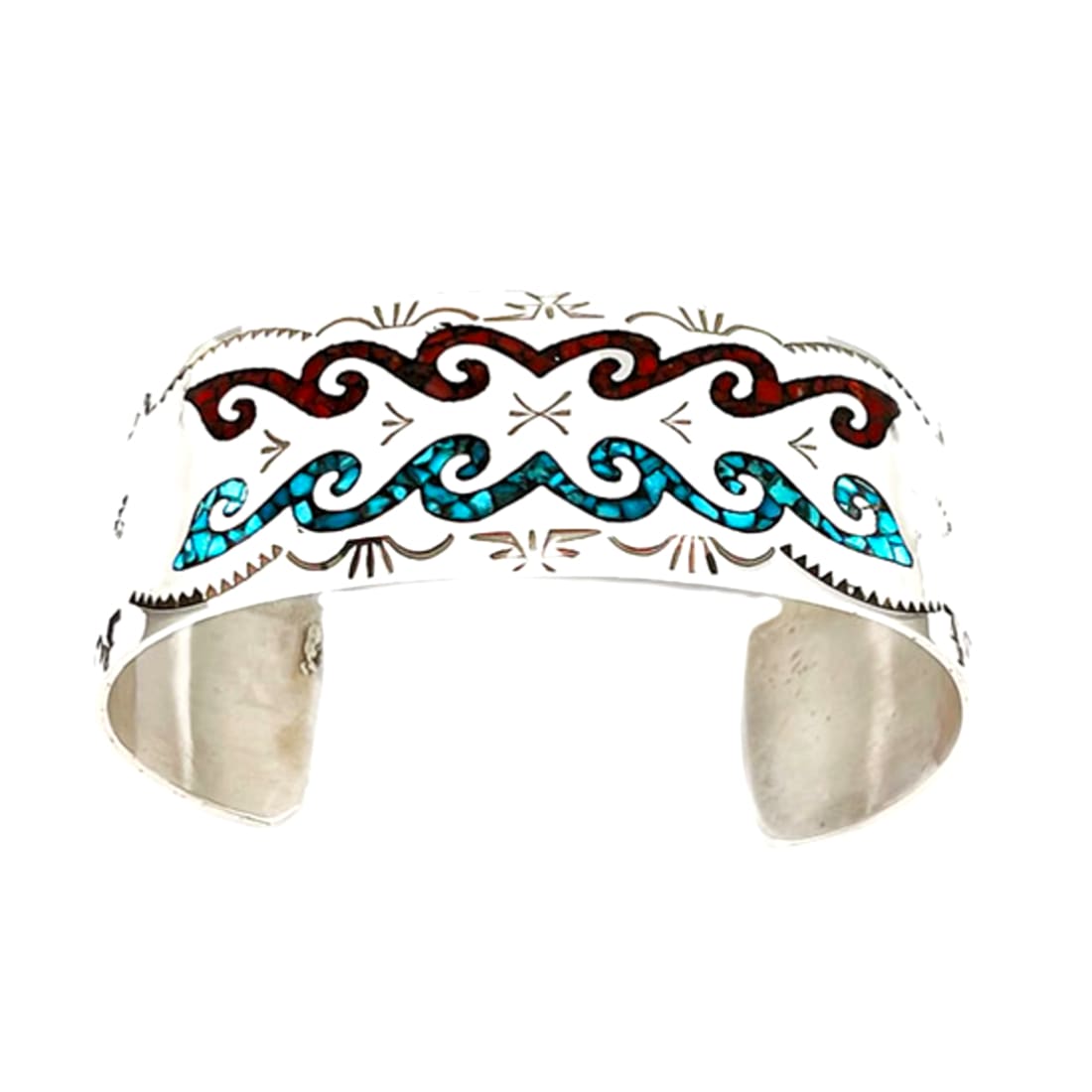 Navajo Sterling Silver Turquoise Coral Chip Inlay Statement