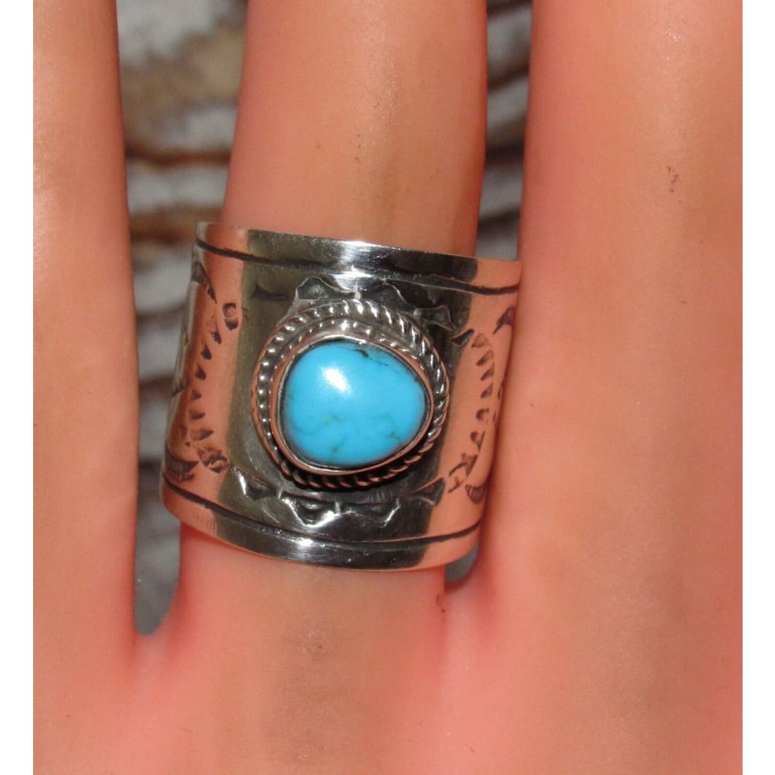 Navajo Turquoise Band Ingot Ring Size 7.5 Sterling Silver