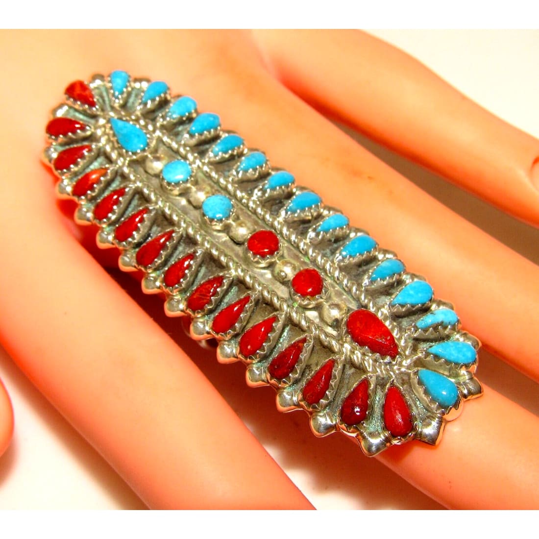 Huge Navajo Turquoise Coral Cluster Statement Ring Sz 8