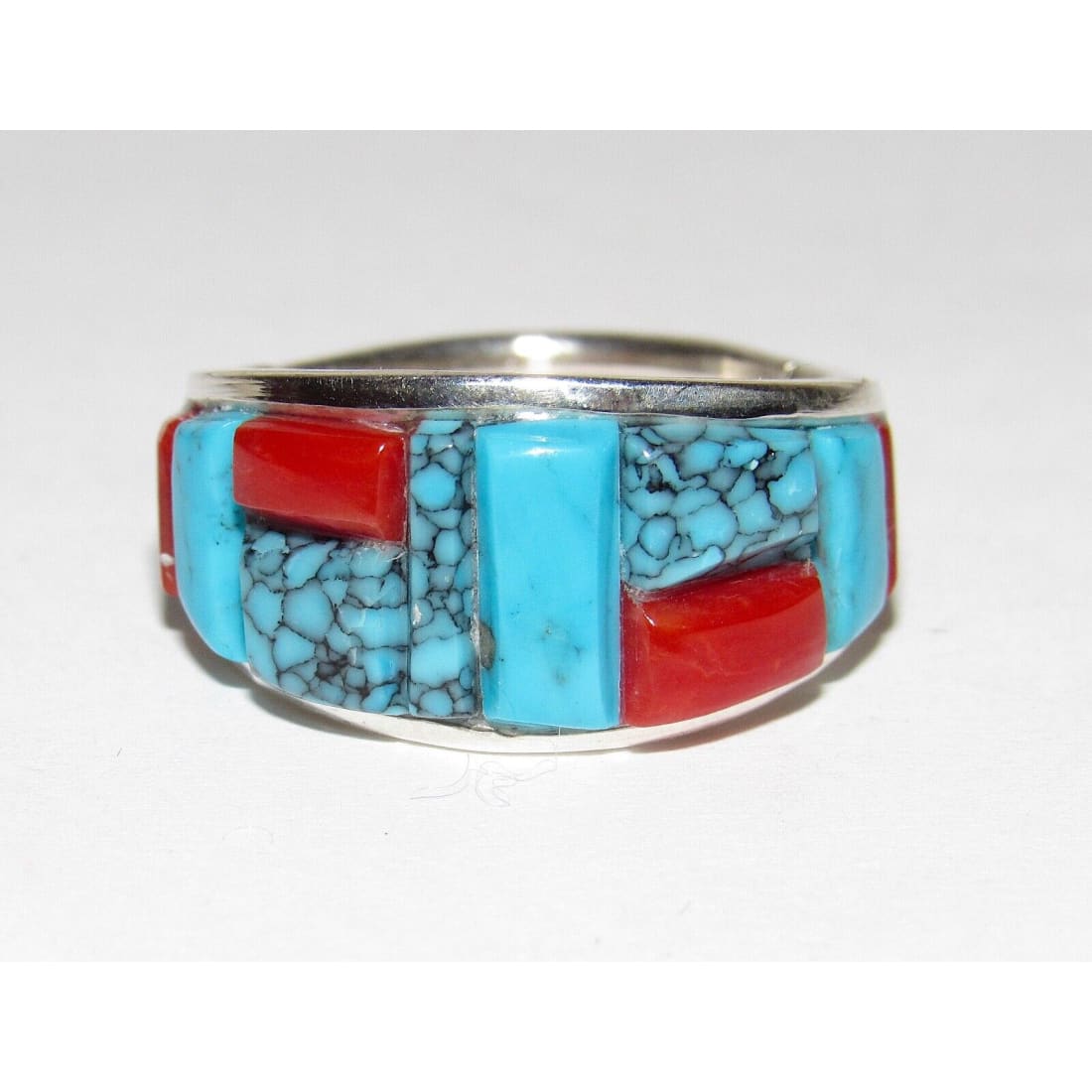 Navajo Turquoise Coral Cobble Inlay Ring Sz 7 Sterling