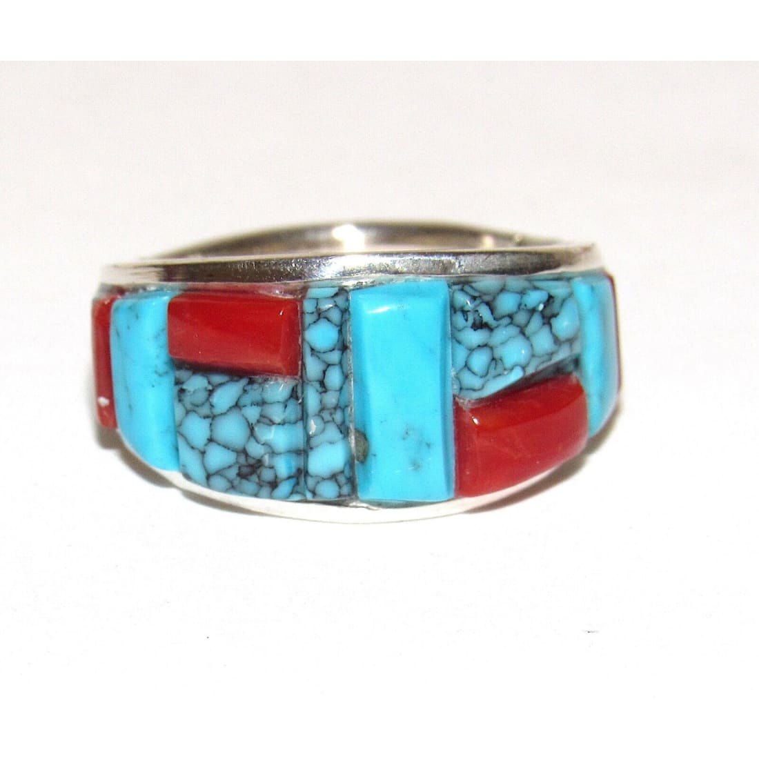Navajo Turquoise Coral Cobble Inlay Ring Sz 7 Sterling