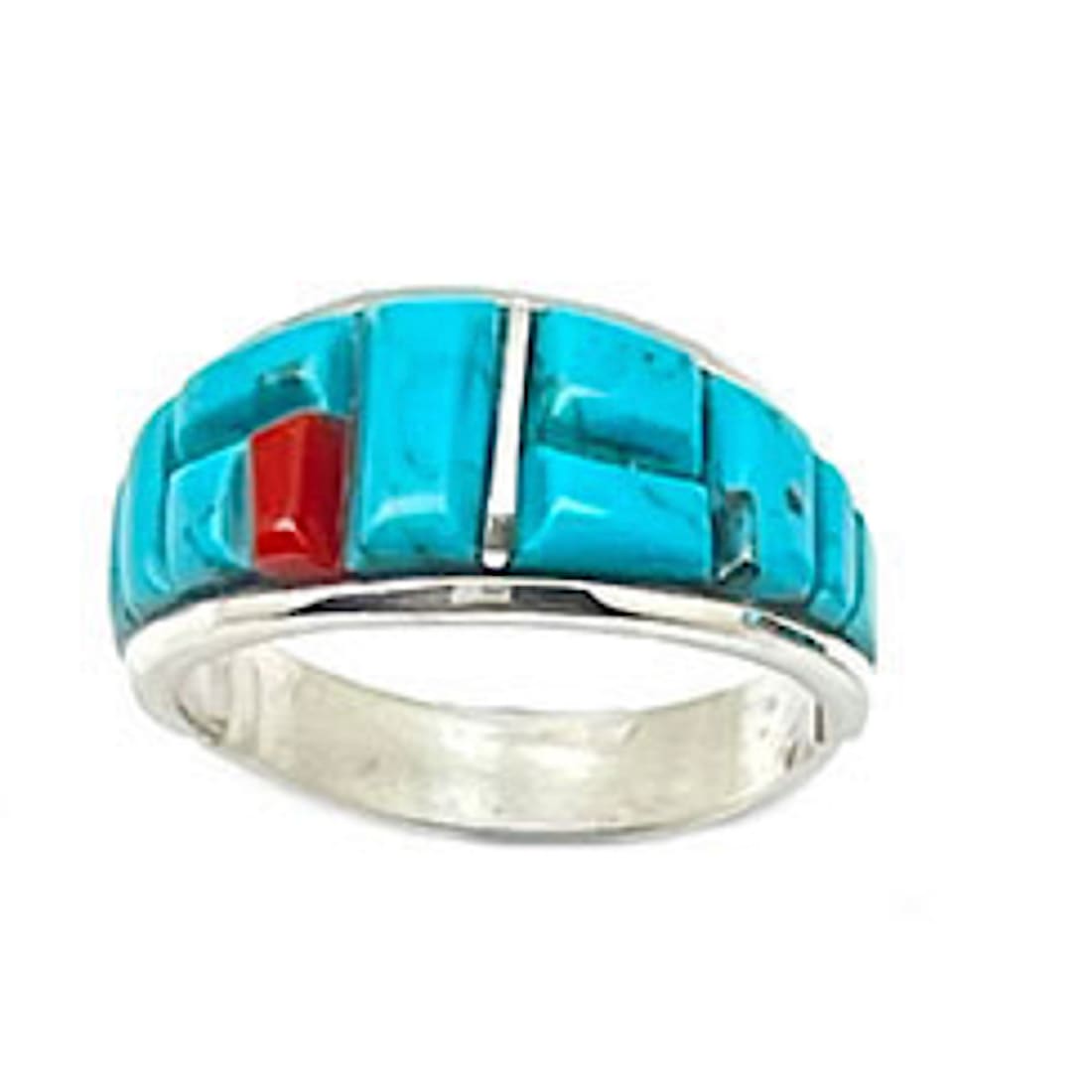 Navajo Turquoise Coral Cobble Inlay Ring Sz 7 Sterling