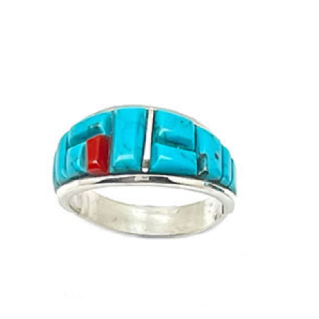 Navajo Turquoise Coral Cobble Inlay Ring Sz 7 Sterling