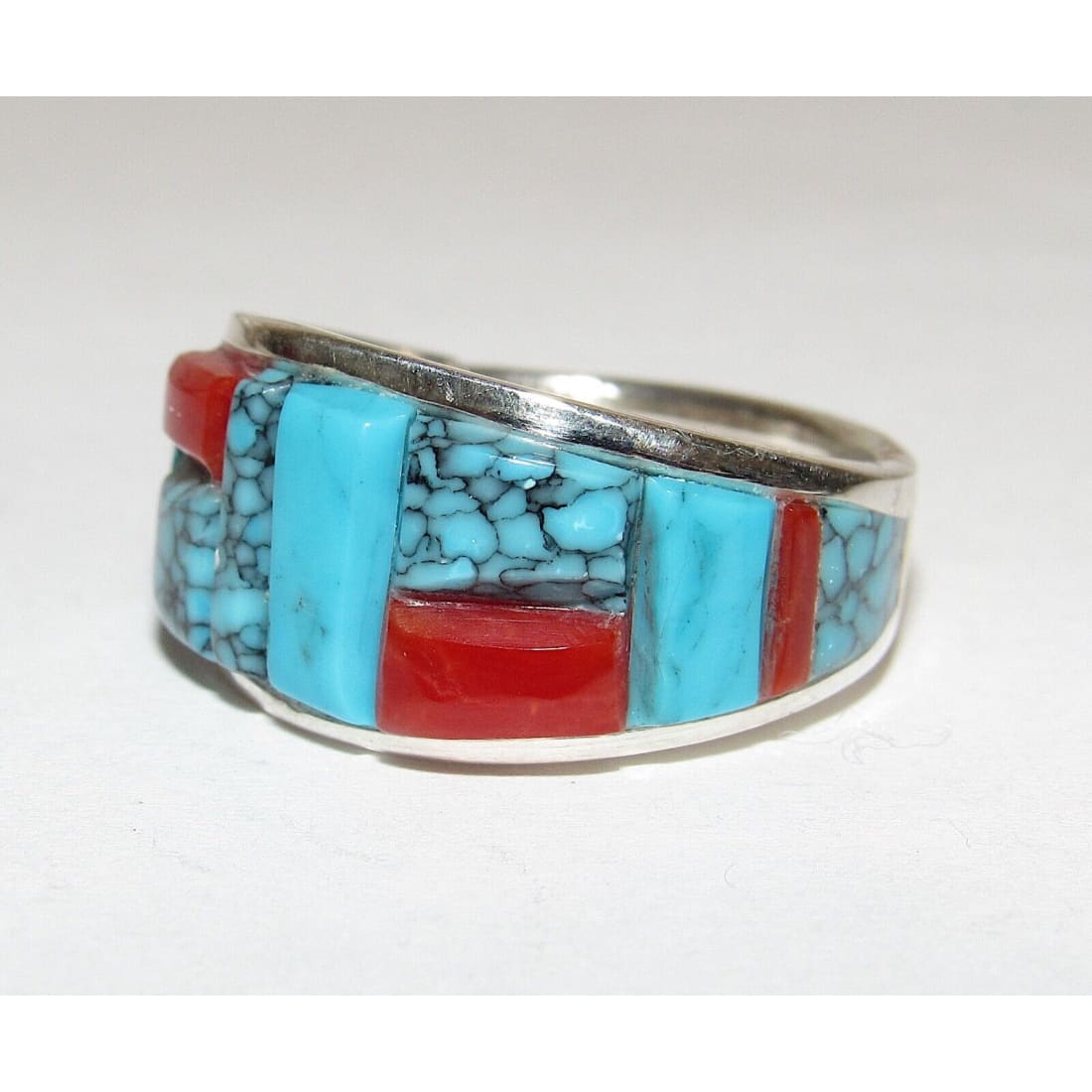 Navajo Turquoise Coral Cobble Inlay Ring Sz 7 Sterling