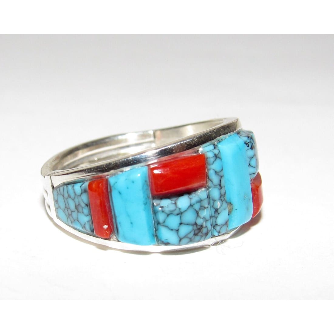 Navajo Turquoise Coral Cobble Inlay Ring Sz 7 Sterling