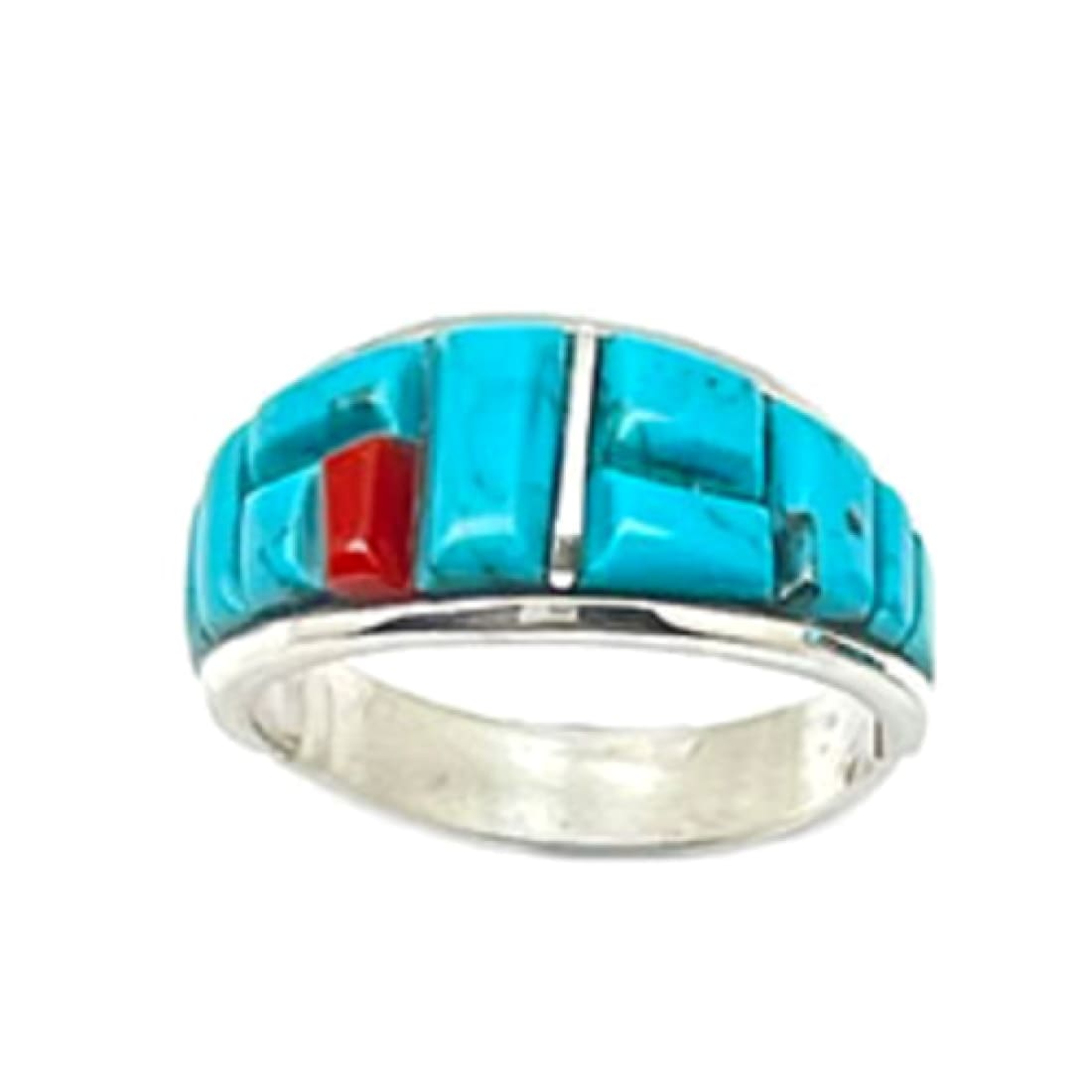 Navajo Turquoise Coral Cobble Inlay Ring Sz 7 Sterling