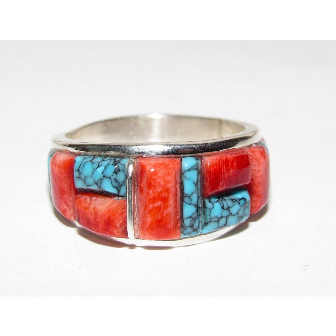 Navajo Turquoise Coral Cobble Inlay Ring Sz 8 Sterling