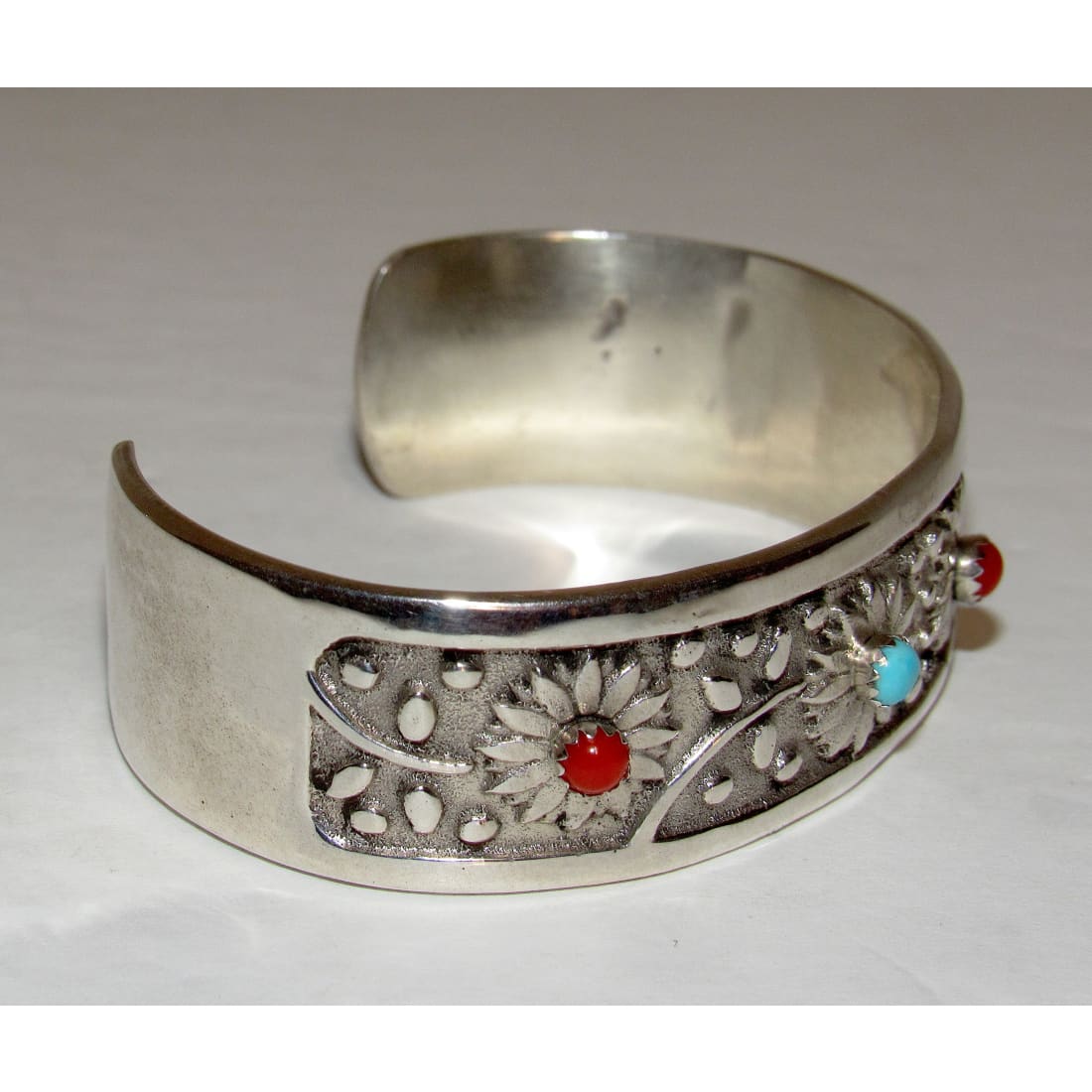 Navajo Turquoise Coral Flower Cuff Bracelet Sterling Silver