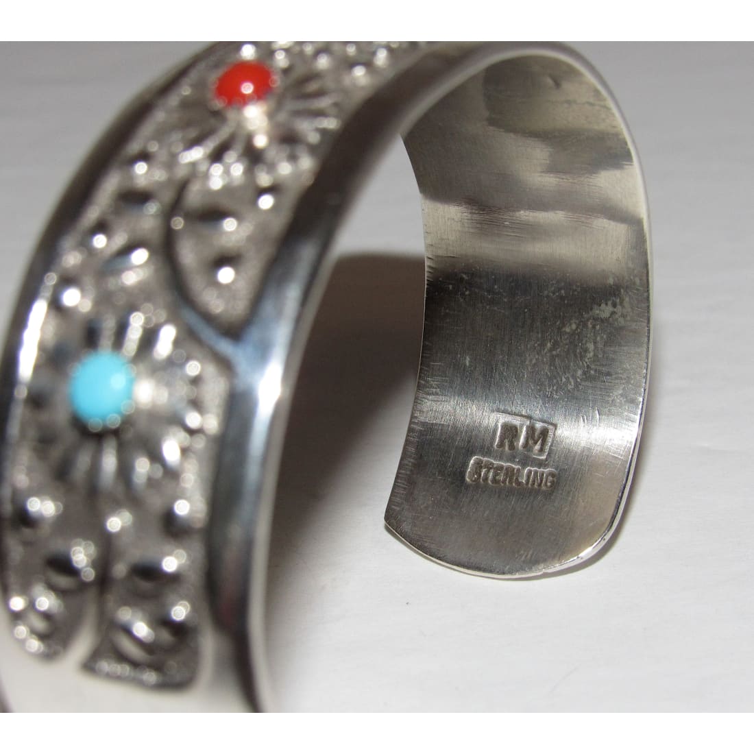 Navajo Turquoise Coral Flower Cuff Bracelet Sterling Silver