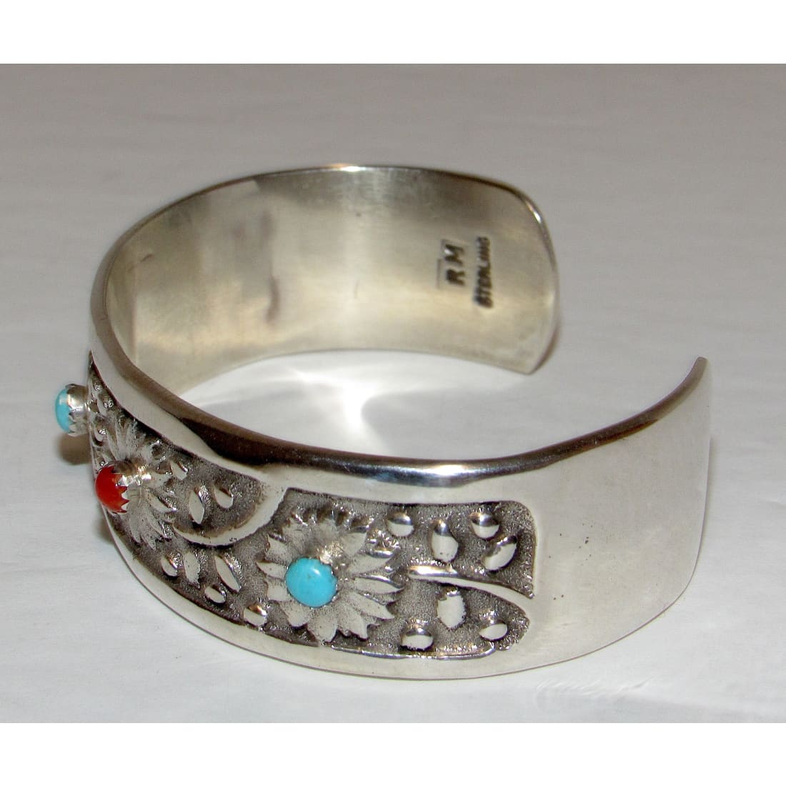 Navajo Turquoise Coral Flower Cuff Bracelet Sterling Silver