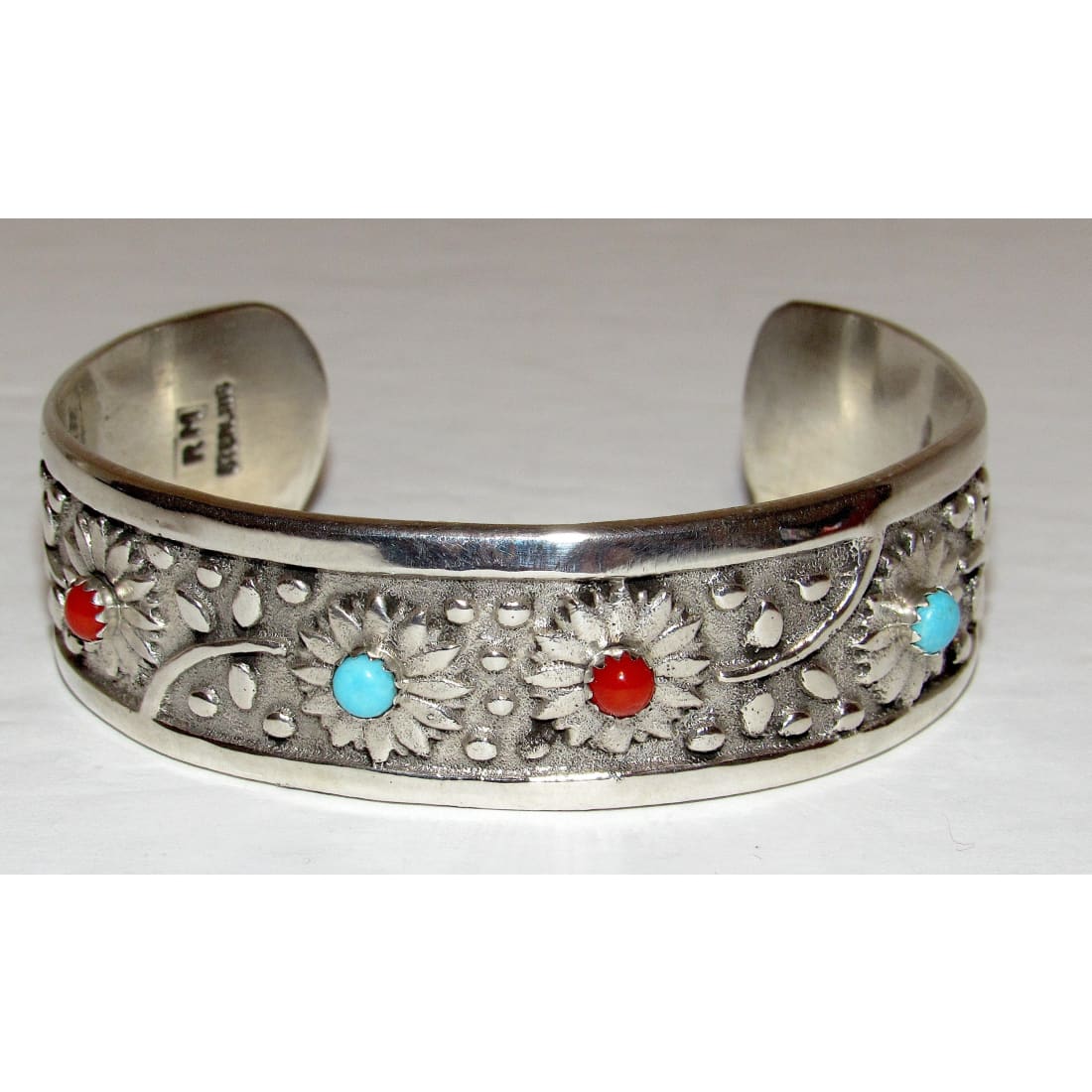 Navajo Turquoise Coral Flower Cuff Bracelet Sterling Silver