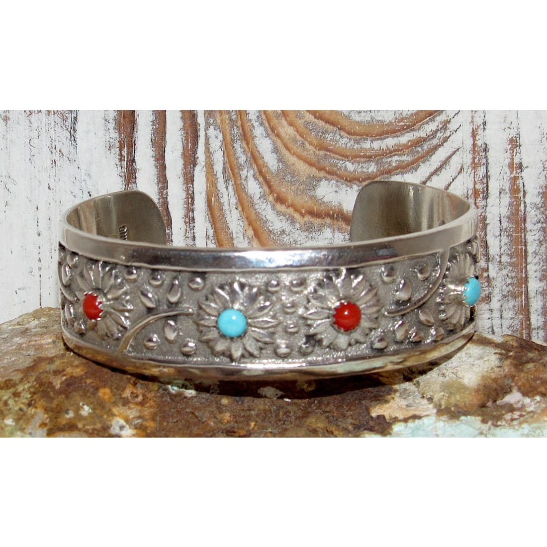 Navajo Turquoise Coral Flower Cuff Bracelet Sterling Silver